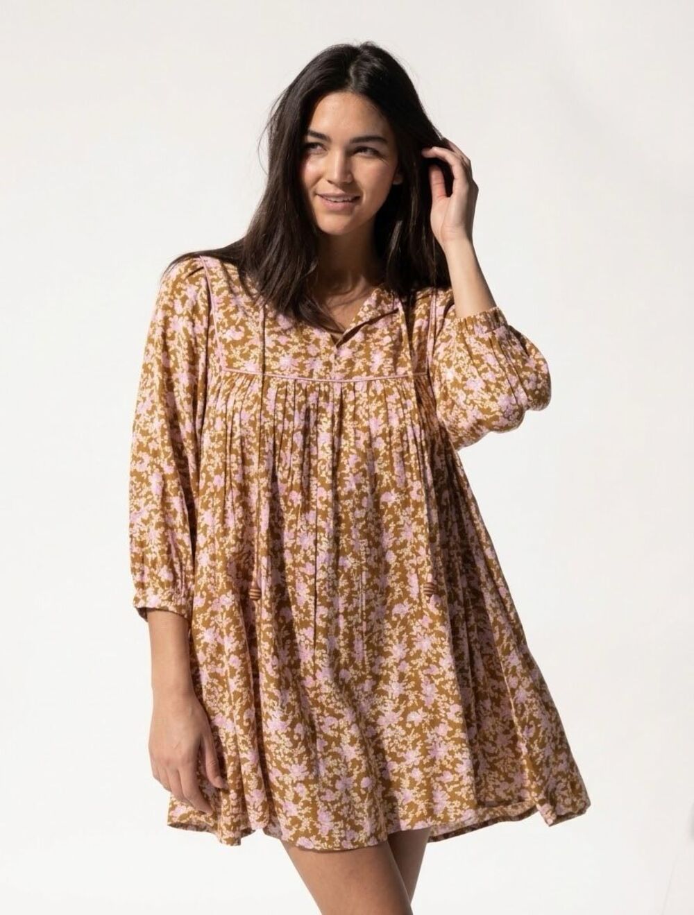 Natural Life Aimee Tunic Mini Dress Brown Pink Floral Boho Babydoll Medium